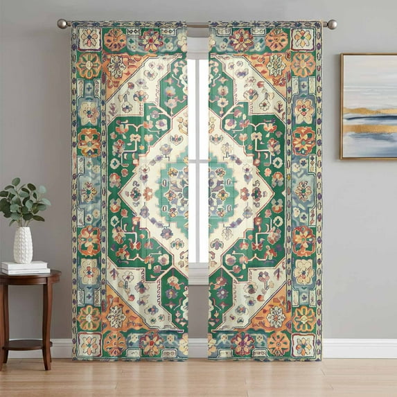 Sheer Curtains 108 Inches Long, Green Orange Beige Boho Light Filtering Window Curtains for Living Room, Retro Ethnic Tribal Abstract Art Rod Pocket Voile Sheer Curtain Drapes, 52"W x 108"L, 2 Panels