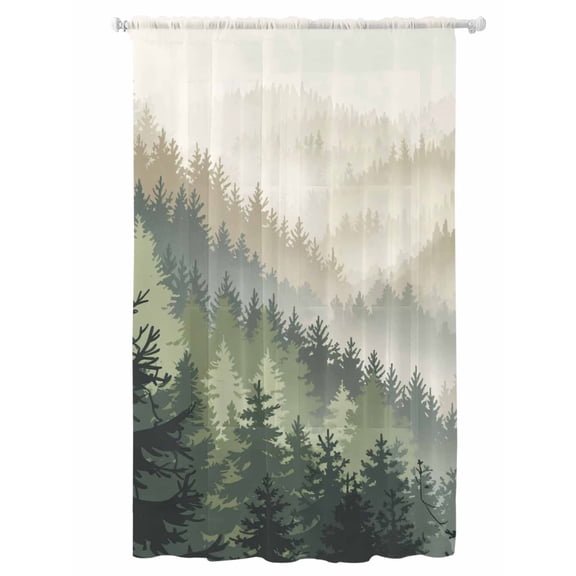 Sheer Curtains 108 Inches Long, Mountains Semi Sheer Curtains Light Filtering Window Treatment, Watercolor Forest Nature Pine Trees Landscape Privacy Voile Drapes for Living Room Bedroom 52x108 Inch