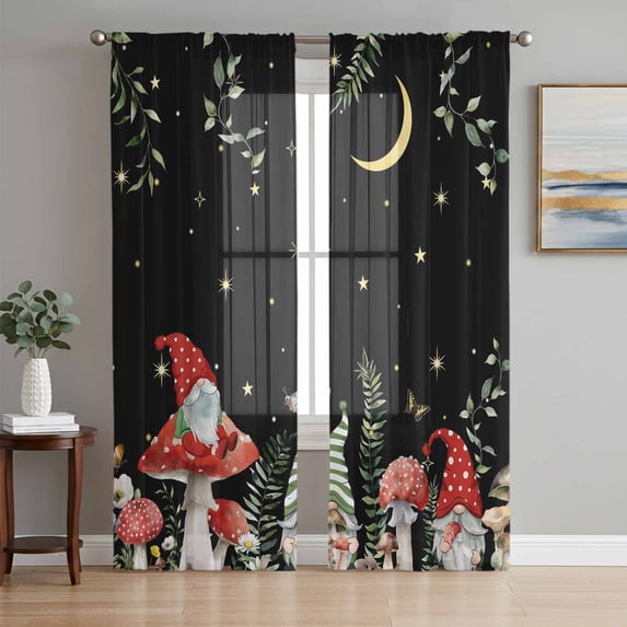Sheer Curtains 108 Inches Long, Mushroom Light Filtering Window Curtains for Living Room, Botanical Watercolor Gnomes Butterfly Leaf Plant Rod Pocket Voile Sheer Curtain Drapes, 52"Wx108"L, 2 Panels
