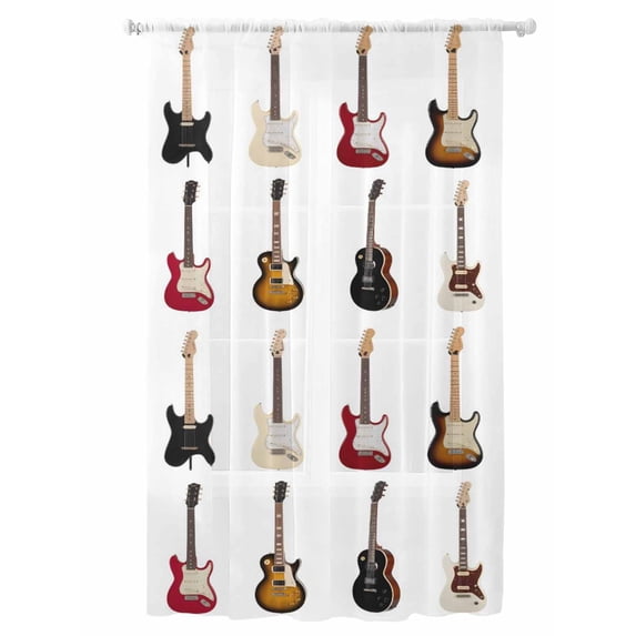 Sheer Curtains 108 Inches Long, Music Semi Sheer Curtains Light Filtering Window Treatment, Red Beige Guitar Modern Art Privacy Voile Drapes for Living Room Bedroom 52x108 Inch