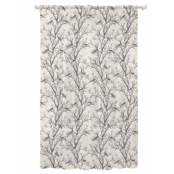 Sheer Curtains 108 Inches Long, Natural Trees Semi Sheer Curtains Light Filtering Window Treatment, Colored Birds on Branches Retro Rustic Privacy Voile Drapes for Living Room Bedroom 52x108 Inch