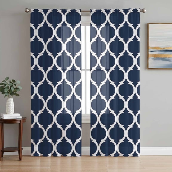 Sheer Curtains 108 Inches Long, Navy Blue Morocco Pattern Light Filtering Window Curtains for Living Room, White Moroccan Geometric Art Rod Pocket Voile Sheer Curtain Drapes, 52"W x 108"L, 2 Panels