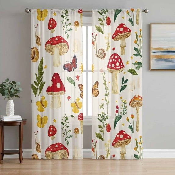 Sheer Curtains 108 Inches Long, Red Mushroom Light Filtering Window Curtains for Living Room/Bedroom, Spring Floral Summer Botanical Rod Pocket Voile Sheer Curtain Drapes, 52"W x 108"L, 2 Panels