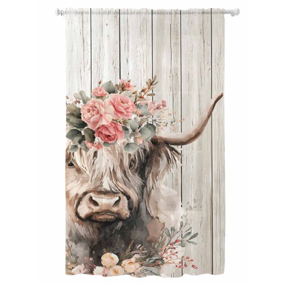 Sheer Curtains 108 Inches Long, Spring Cow Floral Semi Sheer Curtains Light Filtering Window Treatment, Grey Wooden Farmhouse Privacy Voile Drapes for Living Room Bedroom 52x108 Inch