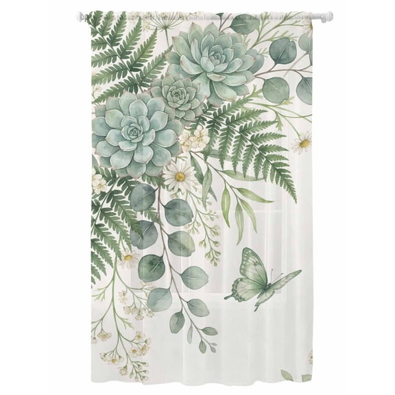 Sheer Curtains 108 Inches Long, Spring Eucalyptus Semi Sheer Curtains Light Filtering Window Treatment, Garden Botanical Leaves Butterflies Privacy Voile Drapes for Living Room Bedroom 52x108 Inch