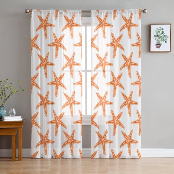 Sheer Curtains 108 Inches Long, Summer Ocean Nautical Coastal Light Filtering Window Curtains for Living Room, Orange Beach Starfish Rod Pocket Voile Sheer Curtain Drapes, 52"W x 108"L, 2 Panels