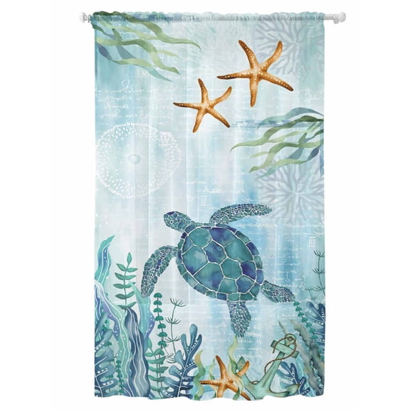 Sheer Curtains 108 Inches Long, Teal Green Sea Turtle Semi Sheer Curtains Light Filtering Window Treatment, Coastal Summer Beach Seaweed Privacy Voile Drapes for Living Room Bedroom 52x108 Inch