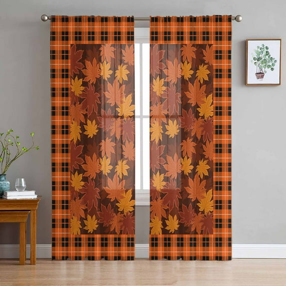 Sheer Curtains 108 Inches Long, Thanksgiving Orange Buffalo Plaid Light Filtering Window Curtains for Living Room, Orange Maple Leaves Fall Rod Pocket Voile Sheer Drapes, 52"W x 108"L, 2 Panels