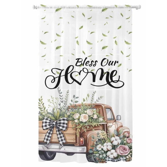 Sheer Curtains 108 Inches Long, Truck Spring Floral Semi Sheer Curtains Light Filtering Window Treatment, Pink Green Flowers Watercolor Privacy Voile Drapes for Living Room Bedroom 52x108 Inch