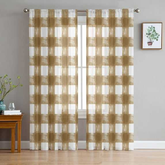 Sheer Curtains 108 Inches Long, Watercolor Farmhouse Checkered Light Filtering Window Curtains for Living Room/Bedroom, Brown White Plaid Rod Pocket Voile Sheer Curtain Drapes, 52"W x 108"L, 2 Panels