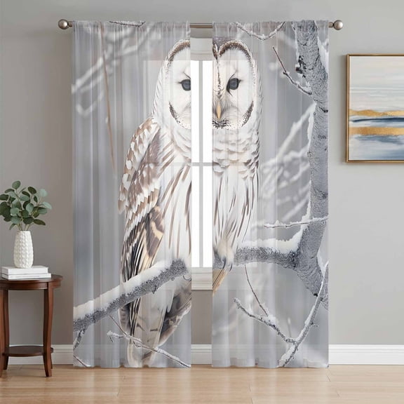 Sheer Curtains 108 Inches Long, Winter Owl Light Filtering Window Curtains for Living Room, Country Birds Animal Tree Branches Snow Rod Pocket Voile Sheer Curtain Drapes, 52"W x 108"L, 2 Panels