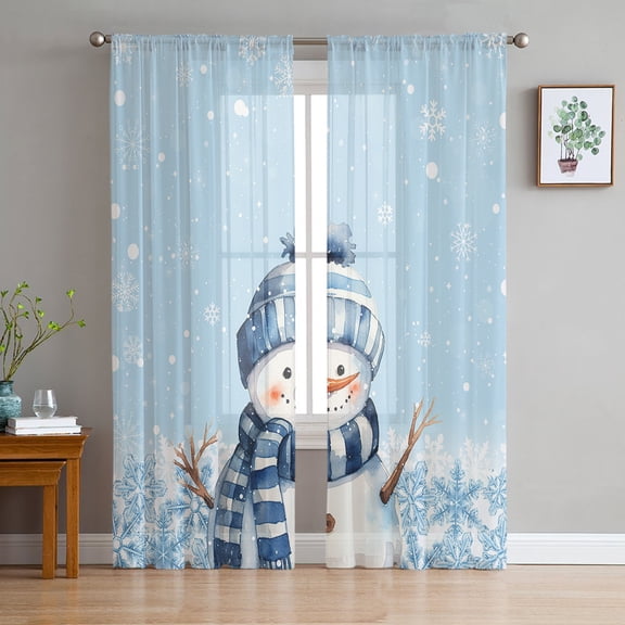 Sheer Curtains 108 Inches Long, Xmas Snowflake Winter Blue Light Filtering Window Curtains for Living Room/Bedroom, Blue Christmas Snowman Rod Pocket Voile Sheer Curtain Drapes, 52"Wx108"L, 2 Panels