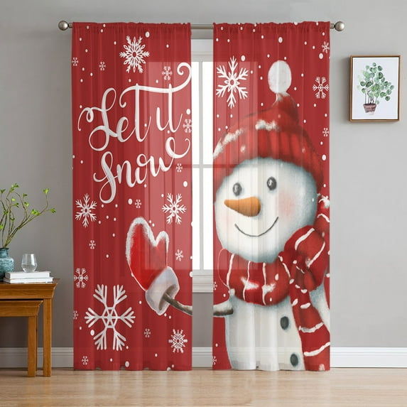 Sheer Curtains 108 Inches Long, Xmas Winter Snowflake Let Snow Light Filtering Window Curtains for Living Room, Red Snowman Christmas Rod Pocket Voile Sheer Curtain Drapes, 52"W x 108"L, 2 Panels