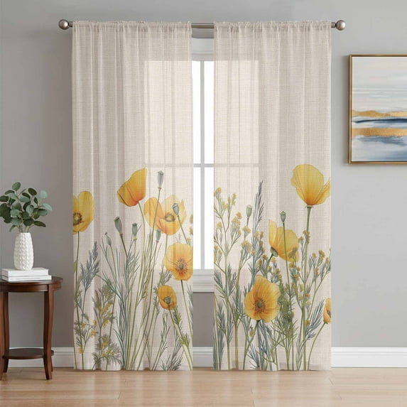 Sheer Curtains 108 Inches Long, Yellow Spring Floral Light Filtering Window Curtains for Living Room, Watercolor Farmhouse Botanical Rod Pocket Voile Sheer Curtain Drapes, 52"W x 108"L, 2 Panels