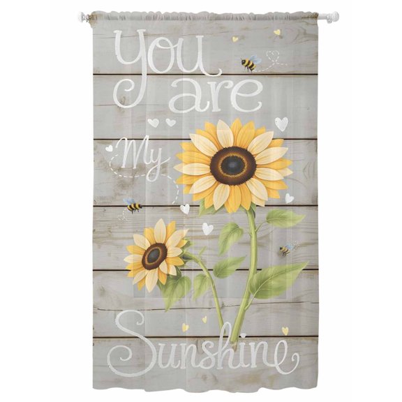 Sheer Curtains 108 Inches Long, You Are My Sunshine Semi Sheer Curtains Light Filtering Window Treatment, Yellow Sunflowers Cute Bees Heart Retro Wood Privacy Voile Drapes 52x108 Inch
