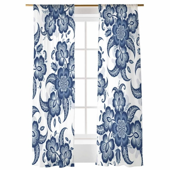Sheer Curtains 108 inches Long, Abstract Paisley Pattern Retro Blue Ethnic Flowers Light Filtering Sheer Window Curtains Rod Pocket Voile Drapes for Bedroom Living Room, 52"W x 108"L 2 Panels