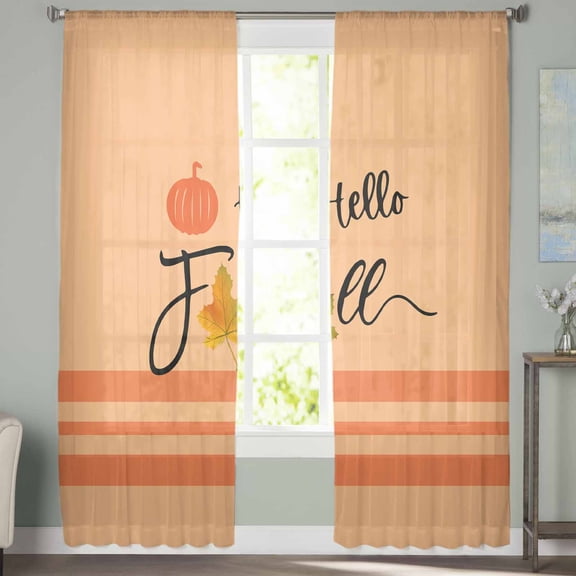Sheer Curtains 108 inches Long, Autumn Thanksgiving Pumpkin Leaves Maple Leaf Lines Light Filtering Sheer Window Curtains Rod Pocket Voile Drapes for Bedroom Living Room, 52"W x 108"L 2 Panels