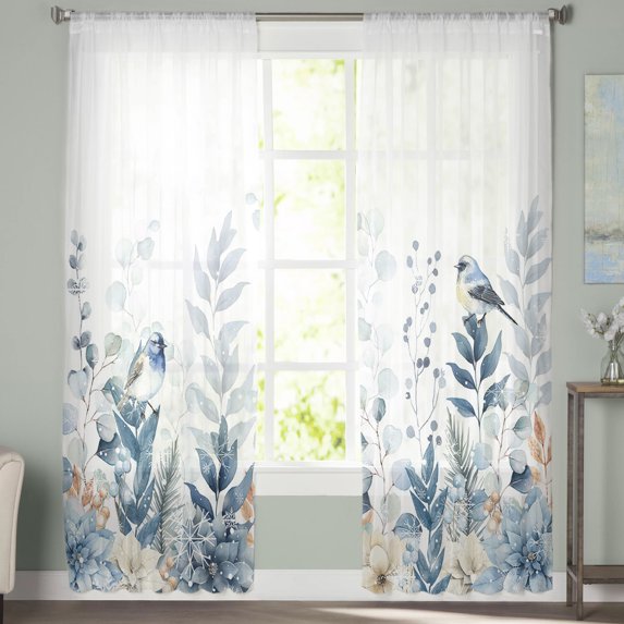 Sheer Curtains 108 inches Long, Blue Christmas Flower Poinsettia Robins Eucalyptus Light Filtering Sheer Window Curtains Rod Pocket Voile Drapes for Bedroom Living Room, 52"W x 108"L 2 Panels