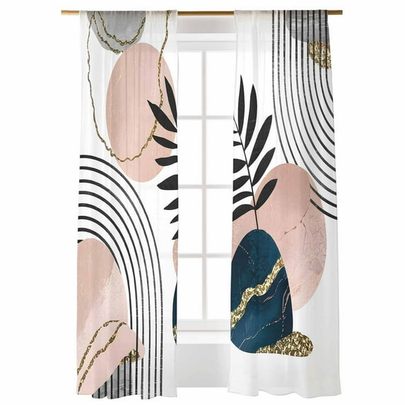 Sheer Curtains 108 inches Long, Bohemian Navy Pink Tropical Palm Trees Plants Abstract Art Light Filtering Sheer Window Curtains Rod Pocket Voile Drapes for Bedroom Living Room, 52"W x 108"L 2 Panels