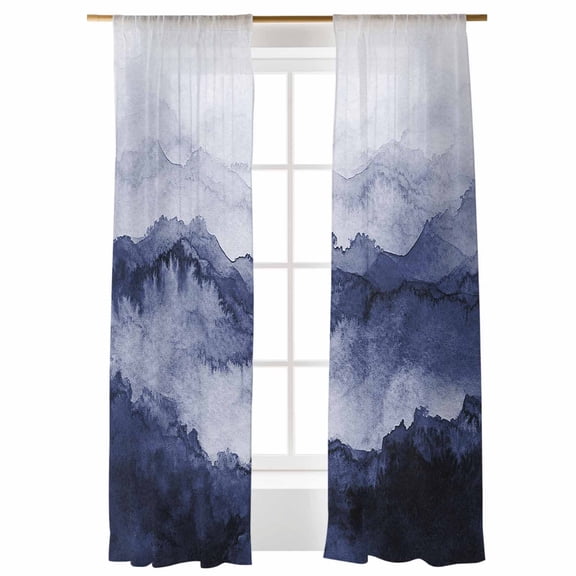 Sheer Curtains 108 inches Long, Deep Blue Mountain Gradient Watercolor Texture Abstract Art Light Filtering Sheer Window Curtains Rod Pocket Voile Drapes for Bedroom Living Room, 52"Wx108"L 2 Panels