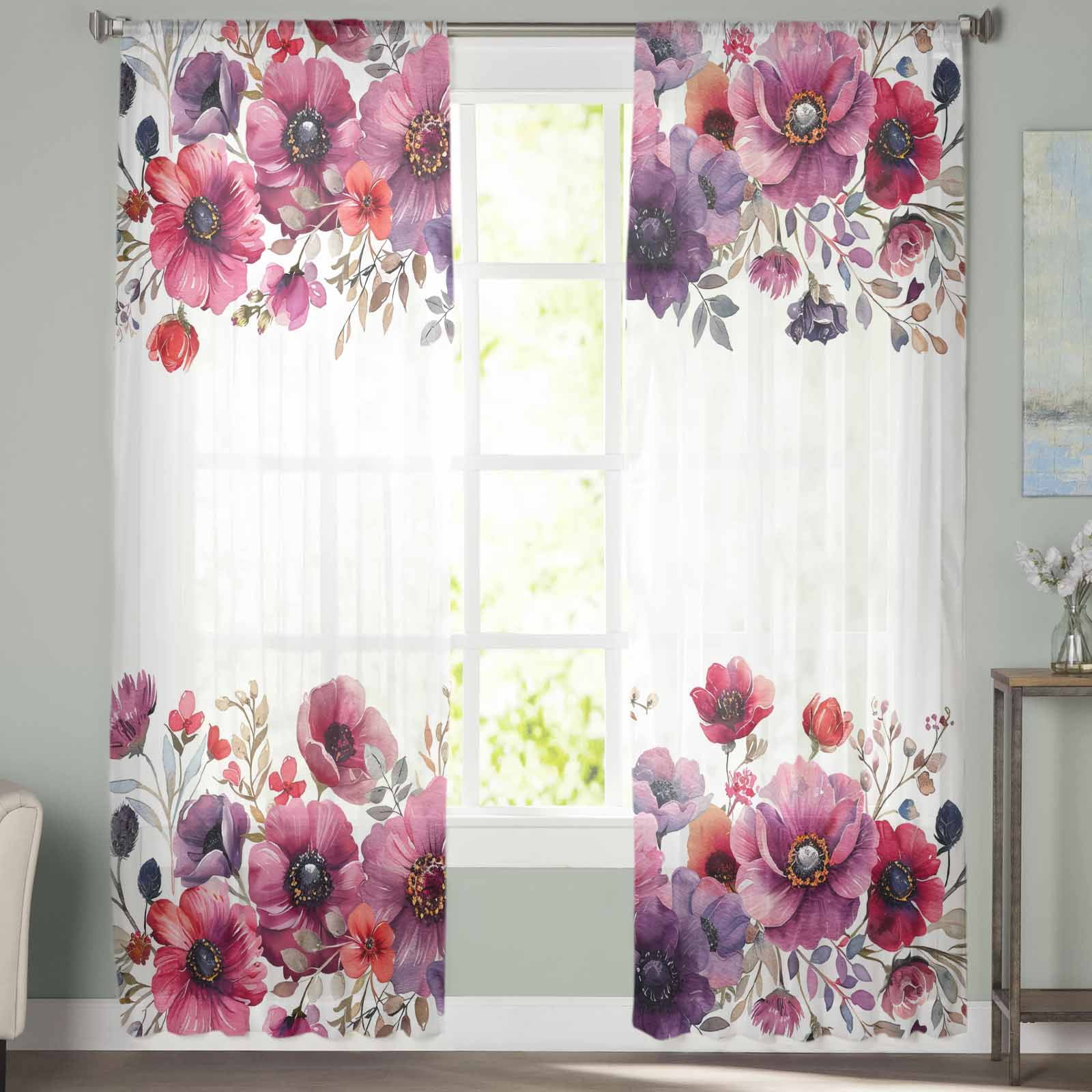 Sheer Curtains 108 inches Long, Elegant Purple Watercolor Flowers Light