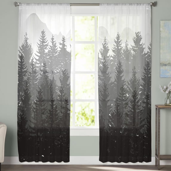 Sheer Curtains 108 inches Long, Fall Forest Silhouette Black Geay Art Oil Painting Light Filtering Sheer Window Curtains Rod Pocket Voile Drapes for Bedroom Living Room, 52"W x 108"L 2 Panels