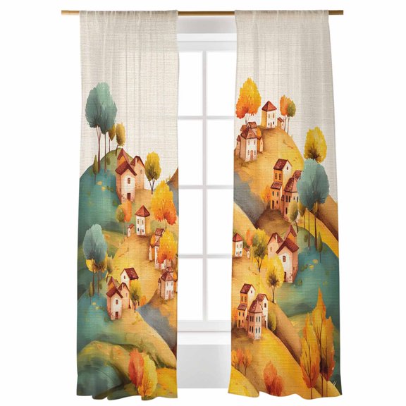 Sheer Curtains 108 inches Long, Fall Hills Tree House Vintage Linen Texture Cartoon Fall Light Filtering Sheer Window Curtains Rod Pocket Voile Drapes for Bedroom Living Room, 52"W x 108"L 2 Panels