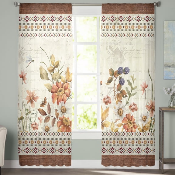 Sheer Curtains 108 inches Long, Fall Rustic Brown Flowers and Leaves Wood Grain Light Filtering Sheer Window Curtains Rod Pocket Voile Drapes for Bedroom Living Room, 52"W x 108"L 2 Panels