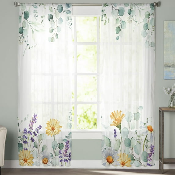 Sheer Curtains 108 inches Long, Farmhouse Style Plants Eucalyptus Leaves Butterfly Flowers Light Filtering Sheer Window Curtains Rod Pocket Voile Drapes for Living Room, 52"W x 108"L 2 Panels
