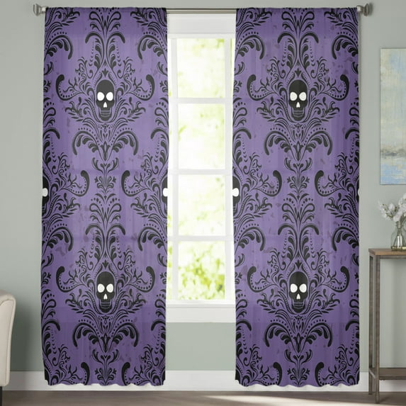 Sheer Curtains 108 inches Long, Halloween Scary Skull Classic Damask Pattern Purple Light Filtering Sheer Window Curtains Rod Pocket Voile Drapes for Bedroom Living Room, 52"W x 108"L 2 Panels