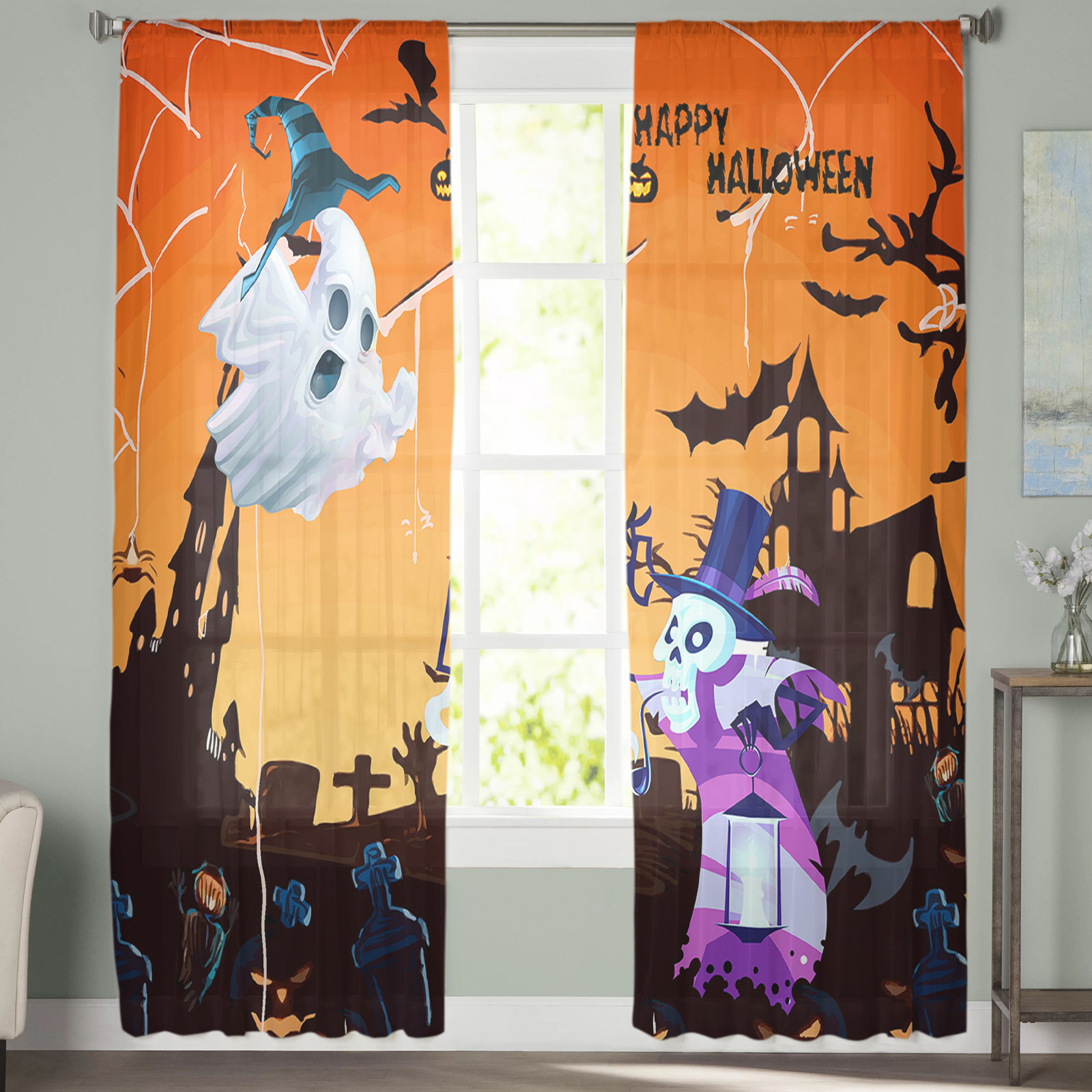 Sheer Curtains 108 inches Long, Hallowmas Fantasy Ghosts and Skeletons
