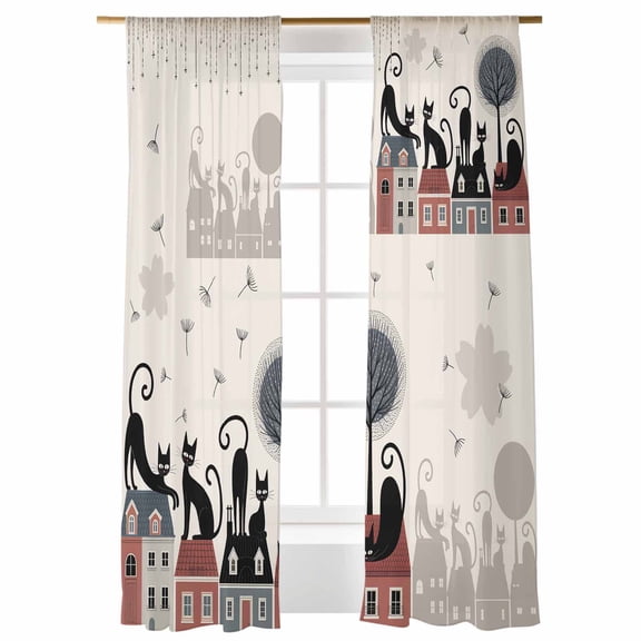 Sheer Curtains 108 inches Long, Japanese Harmony Cat Dandelion Houses Cartoon Light Filtering Sheer Window Curtains Rod Pocket Voile Drapes for Bedroom Living Room, 52"W x 108"L 2 Panels