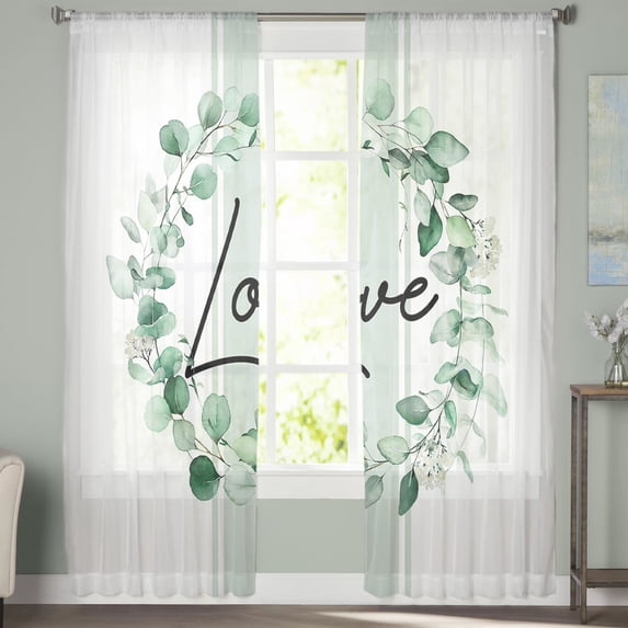 Sheer Curtains 108 inches Long, LOVE Vintage Green Eucalyptus Leaves Wreath Light Filtering Sheer Window Curtains Rod Pocket Voile Drapes for Bedroom Living Room, 52"W x 108"L 2 Panels
