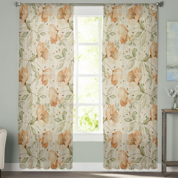 Sheer Curtains 108 inches Long, Nostalgic Flower Printed Leaves Light Filtering Sheer Window Curtains Rod Pocket Voile Drapes for Bedroom Living Room, 52"W x 108"L 2 Panels