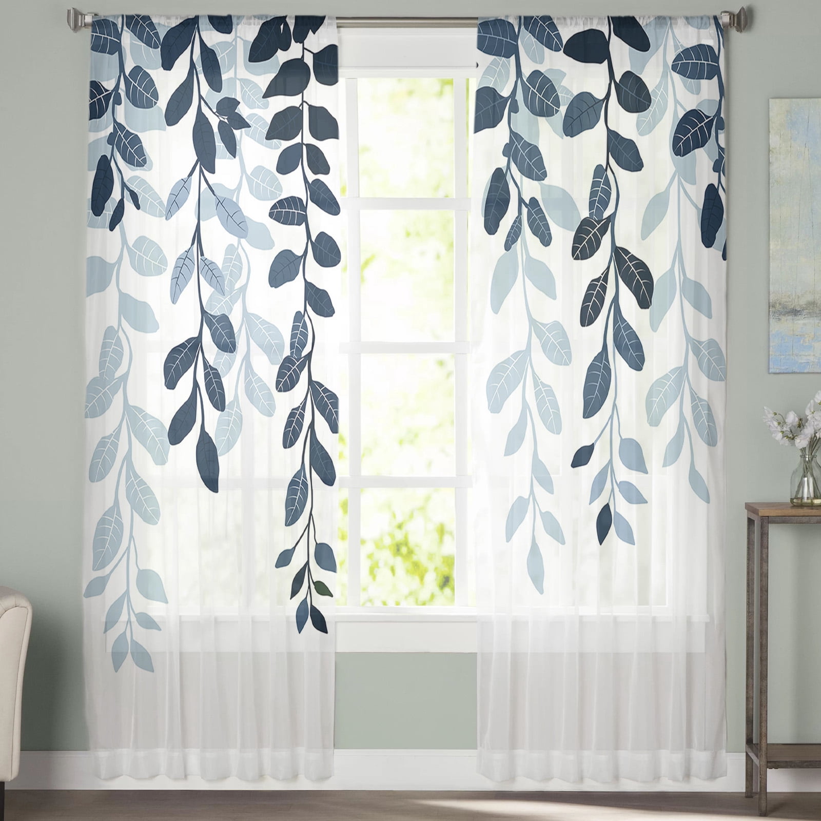 Sheer Curtains 108 inches Long, Plants Blue Leaves Farmhouse Style Gradient Light Filtering Sheer Window Curtains Rod Pocket Voile Drapes for Bedroom Living Room, 52"W x 108"L 2 Panels