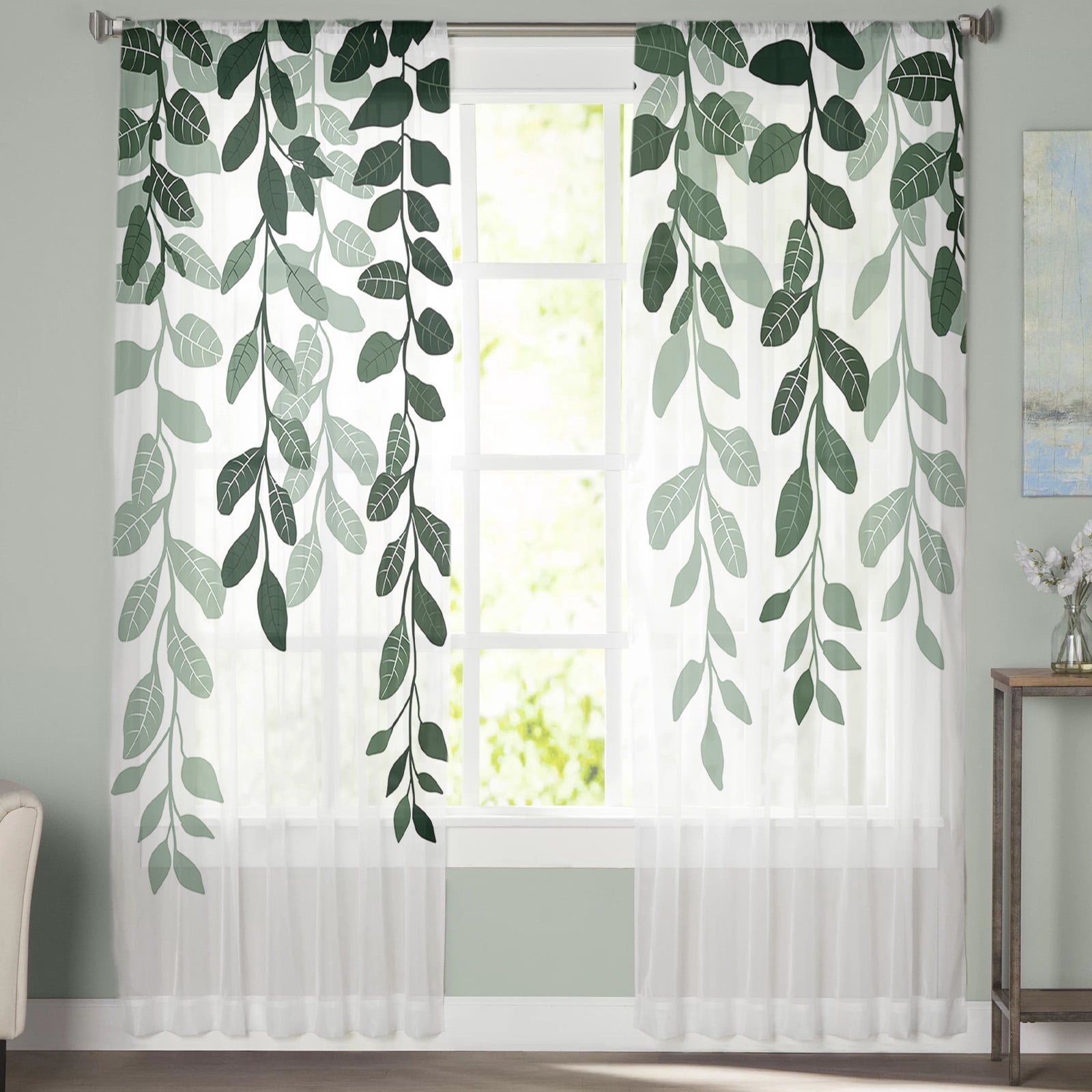Sheer Curtains 108 inches Long, Plants Gradient Green Leaves Farmhouse Style Light Filtering Sheer Window Curtains Rod Pocket Voile Drapes for Bedroom Living Room, 52"W x 108"L 2 Panels