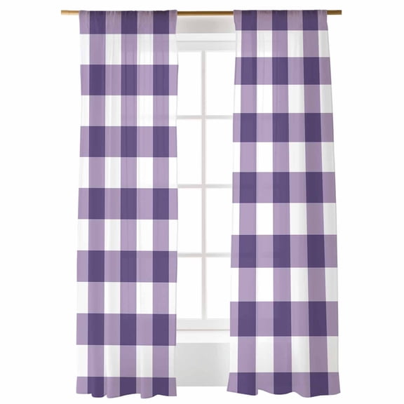 Sheer Curtains 108 inches Long, Purple Plaid Purple Gradient Line Check Geometric Light Filtering Sheer Window Curtains Rod Pocket Voile Drapes for Bedroom Living Room, 52"W x 108"L 2 Panels
