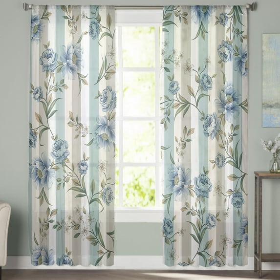 Sheer Curtains 108 inches Long, Retro Blue White Flowers Grey Stripe Light Filtering Sheer Window Curtains Rod Pocket Voile Drapes for Bedroom Living Room, 52"W x 108"L 2 Panels