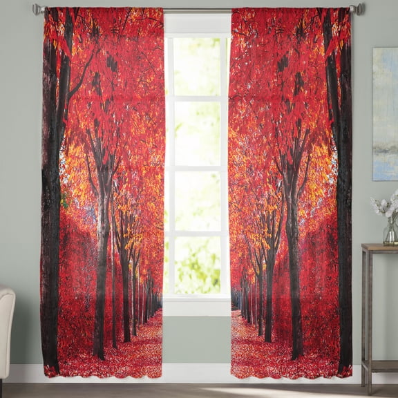 Sheer Curtains 108 inches Long, Romantic Fall Maple Forest Red Light Filtering Sheer Window Curtains Rod Pocket Voile Drapes for Bedroom Living Room, 52"W x 108"L 2 Panels