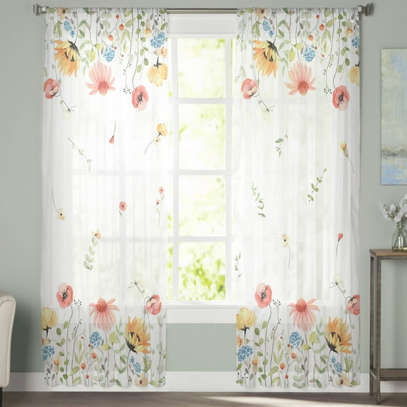 Sheer Curtains 108 inches Long, Spring Watercolor Sunflowers Floral and Leaves Light Filtering Sheer Window Curtains Rod Pocket Voile Drapes for Bedroom Living Room, 52"W x 108"L 2 Panels