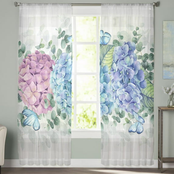 Sheer Curtains 108 inches Long, Summer Hydrangea Floral Eucalyptus Leaves Butterfly Grey Light Filtering Sheer Window Curtains Rod Pocket Voile Drapes for Bedroom Living Room, 52"Wx108"L 2 Panels