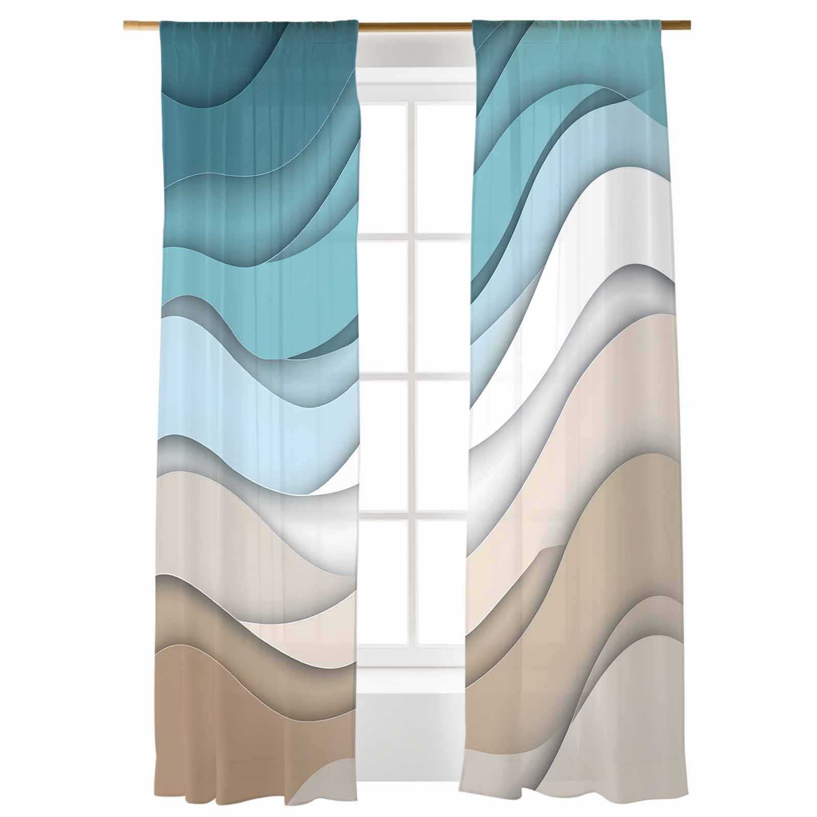 Sheer Curtains 108 inches Long, Teal Brown Gradient Abstract Wave ...
