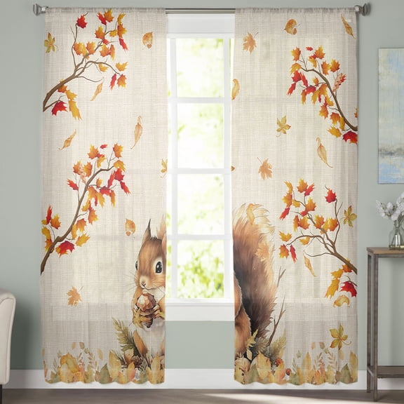 Sheer Curtains 108 inches Long, Thanksgiving Fall Squirrel Maple Leaf Cotton Linen Background Light Filtering Sheer Window Curtains Rod Pocket Voile Drapes for Living Room, 52"Wx108"L 2 Panels