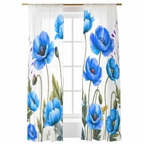 Sheer Curtains 108 inches Long, Watercolor Plant Blue Poppy Floral Decoration Light Filtering Sheer Window Curtains Rod Pocket Voile Drapes for Bedroom Living Room, 52"W x 108"L 2 Panels