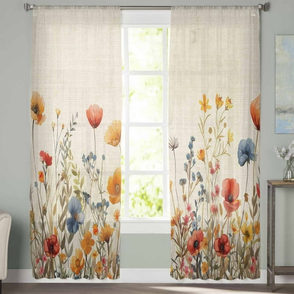 Sheer Curtains 108 inches Long, Yellow and Red Poppy Watercolor Floral Plants Retro Linen Sheer Window Curtains Rod Pocket Voile Drapes for Bedroom Living Room, 52"W x 108"L 2 Panels