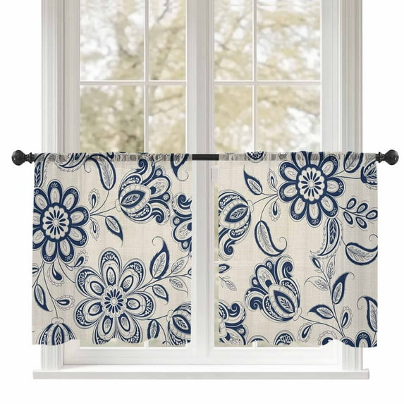 Sheer Curtains 2 Panels Set, Abstract Paisley Pattern Vintage Ethnic Blue Flower Window Sheer Curtains for Living Room/Bedroom, Light Filtering Rod Pocket Voile Drapes, 52" W x 54" L