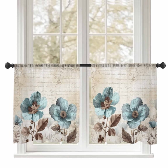 Sheer Curtains 2 Panels Set, Blue Mallow Flower Butterfly Blue Floral Vintage Background Window Sheer Curtains for Living Room/Bedroom, Light Filtering Rod Pocket Voile Drapes, 52" W x 45" L
