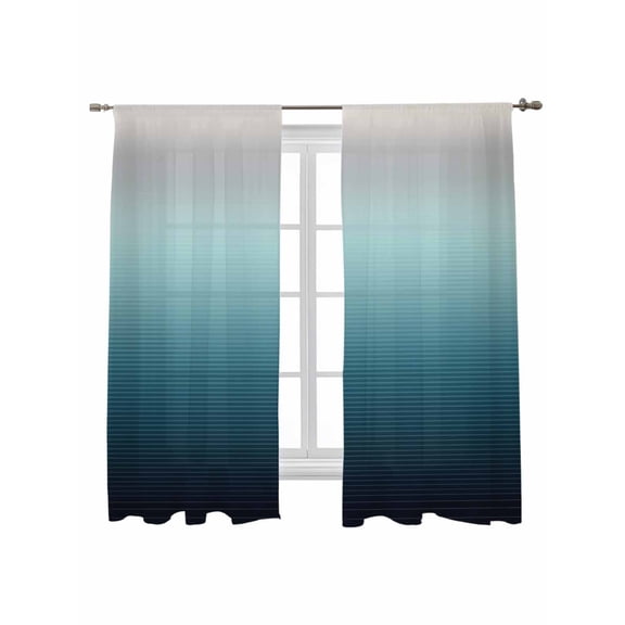 Sheer Curtains 2 Panels Set, Grey Turquoise Stripe Gradient Window Sheer Curtains for Living Room/Bedroom, Light Filtering Rod Pocket Voile Drapes, 52" W x 63" L