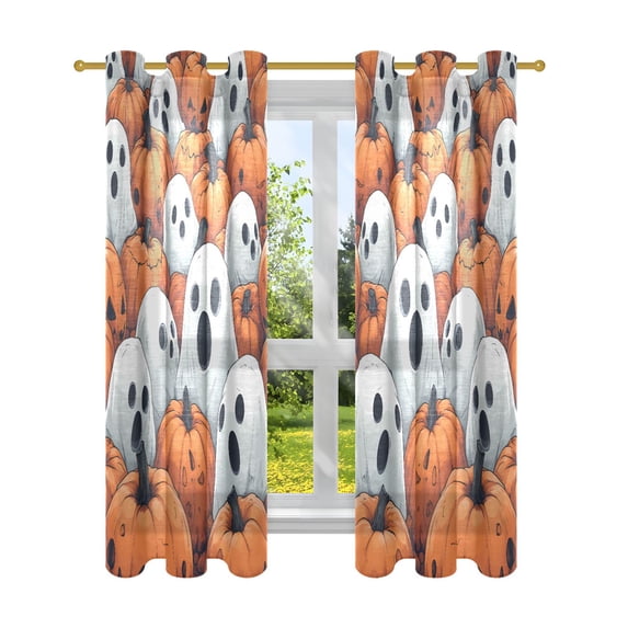 Sheer Curtains 2 Panels Set Grommet Drapes Window Treatments Light Filtering for Bedroom Living Room W42 x L63 Cartoon Ghosts Hide in Pumpkins