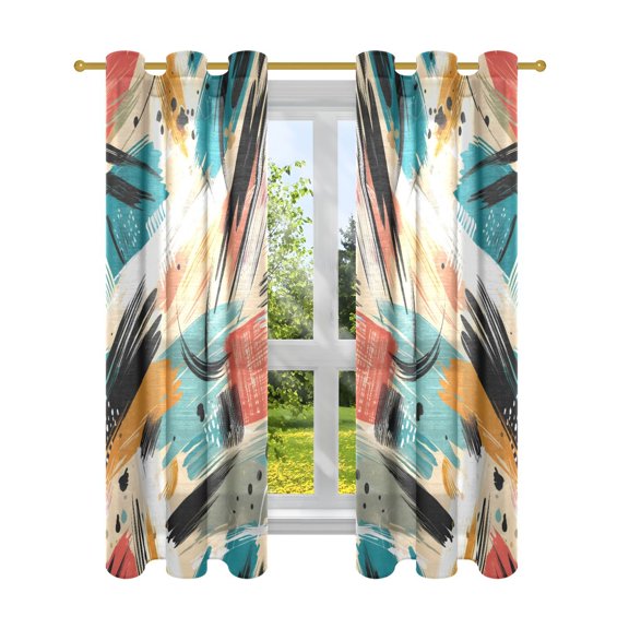 Sheer Curtains 2 Panels Set Grommet Drapes Window Treatments Light Filtering for Bedroom Living Room W42 x L63 Hand Drawn Brush Strokes